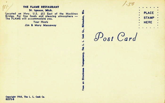 Mackinaw Pastie & Cookie Co (Flame Restaurant) - Vintage Postcard (newer photo)